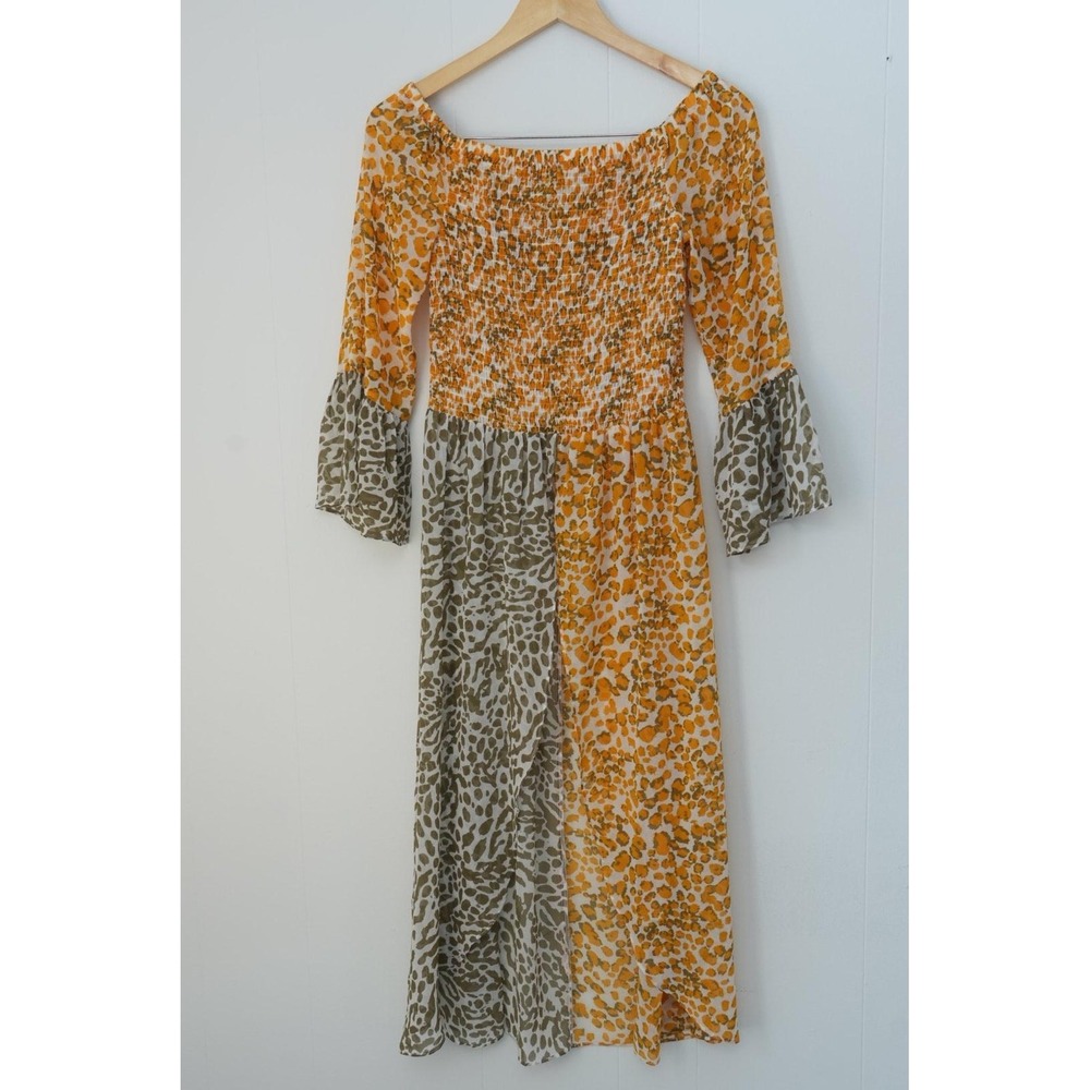 Cato Mixed Leopard Print Midi Dress Women Small Orange Olive Smocked Bell Sleeve
